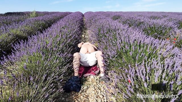 Asian student bending over in lavender field, outdoor public tease