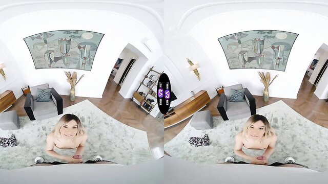 Blonde beauty nude on knees in VR POV living room tease