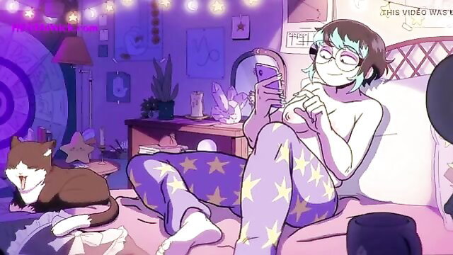 Cute teal-haired anime girl topless in starry pants, lounging nude with cat