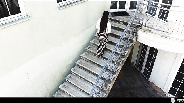 Modest Milan Cheek in striped skirt walks up stairs, time stop tease