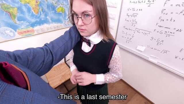 Vincent Vega grabs cute glasses teen in schoolgirl uniform taboo style