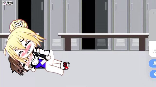 Blonde anime girl straddling crying brown-haired girl in locker room hug
