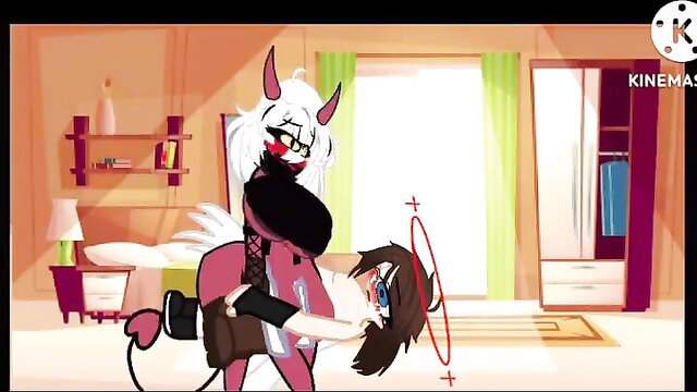 Dominant white-haired demon girl gropes anime boy's crotch in bedroom