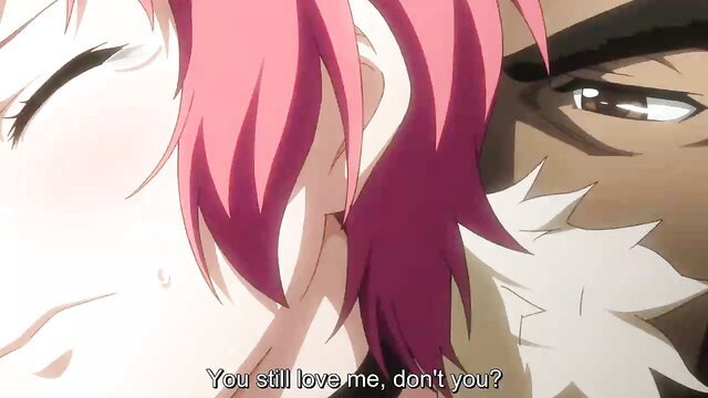 Anime hentai girl with pink hair whispers 'You still love me, don't you?' to man