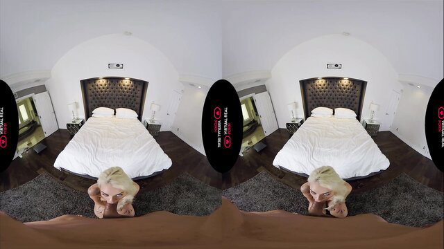 Blonde bombshell on all fours in steamy bedroom POV tease