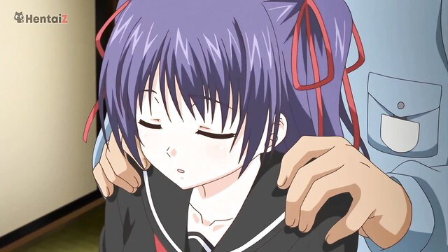 Purple-haired anime schoolgirl groped from behind in uniform hentai