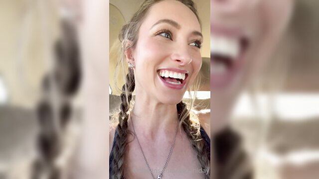 Sexy blonde with braids smiling in car, hot teen blowjob vibe