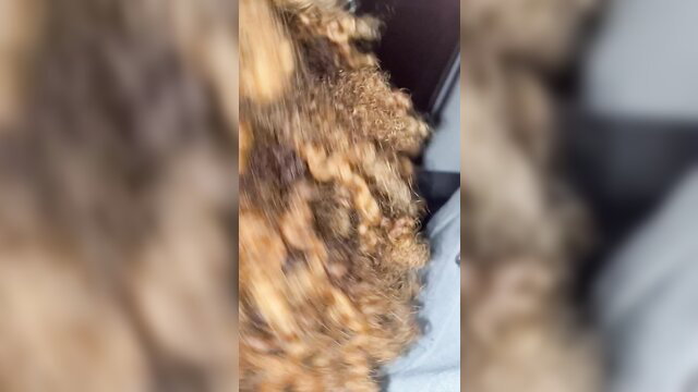 Blurry closeup of woman's curly afro hair during car blowjob