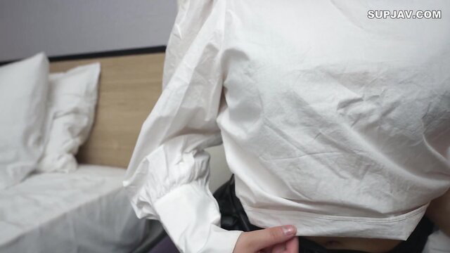 18yo Japanese amateur in white blouse unbuttoning on bed, uncensored FC2PPV