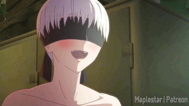 Blindfolded anime girl with white hair blushing nude closeup