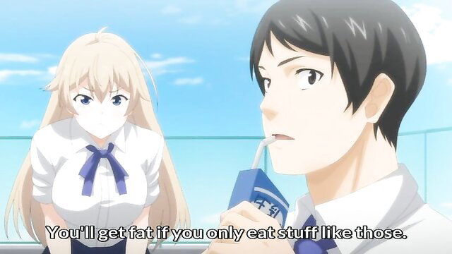 Blonde JAV schoolgirl in uniform warns guy drinking milk on rooftop