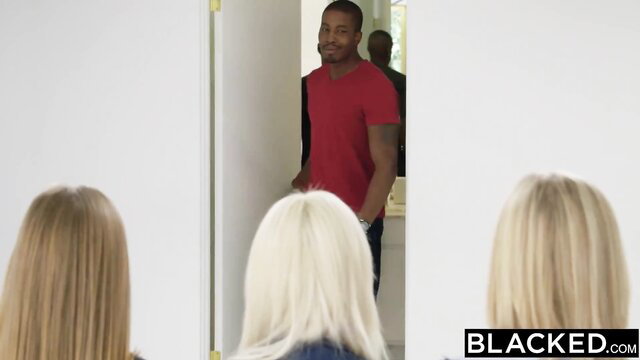 Preppy blonde girls approach black stud in doorway BBC threesome tease