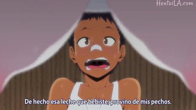 Anime cow girl with trap face drinking milk from her huge tits in hentai