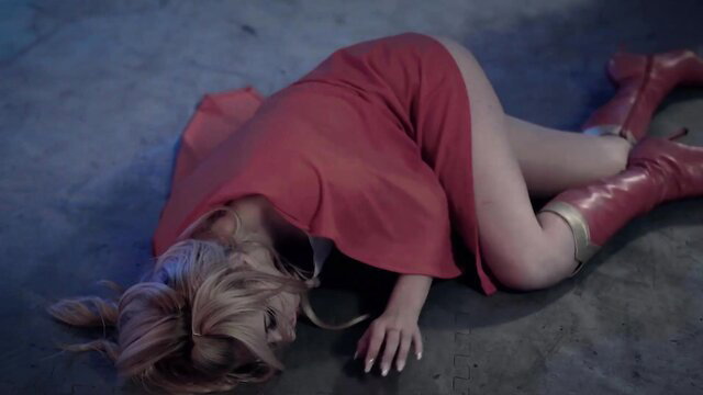 Lexi Belle as Supergirl collapsed in red dress and boots