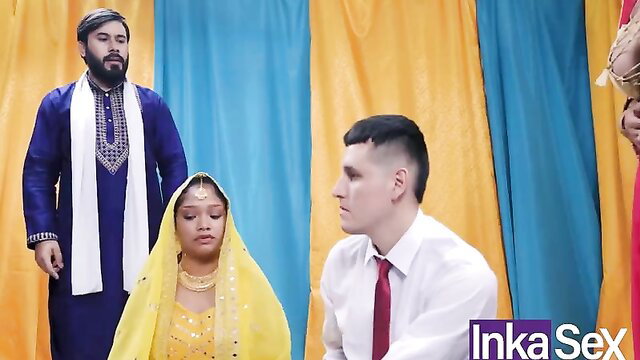 Indian bride in yellow saree with white groom at wedding, busty madrastra
