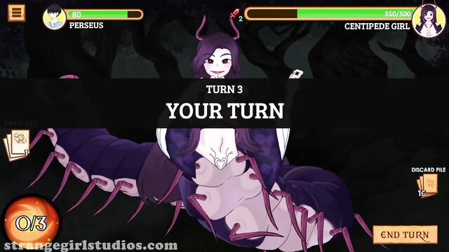 Perseus vs Centipede Girl turn-based hentai battle, nude centipede monster girl