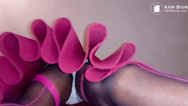 BlueGirl70 teases in pretty pink ruffles, stockings and panties upskirt