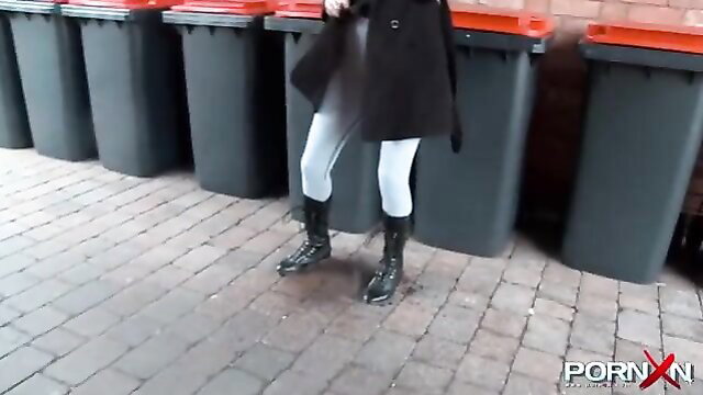 Hot brunette flashes in public by bins, white leggings pee kink tease