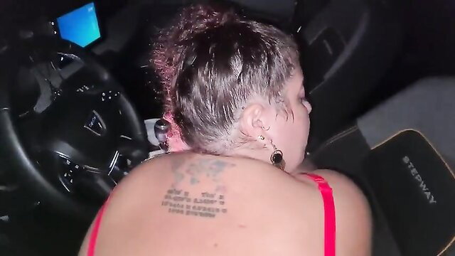 Abricot Sucree back tattoo world map red bra in car POV blowjob tease