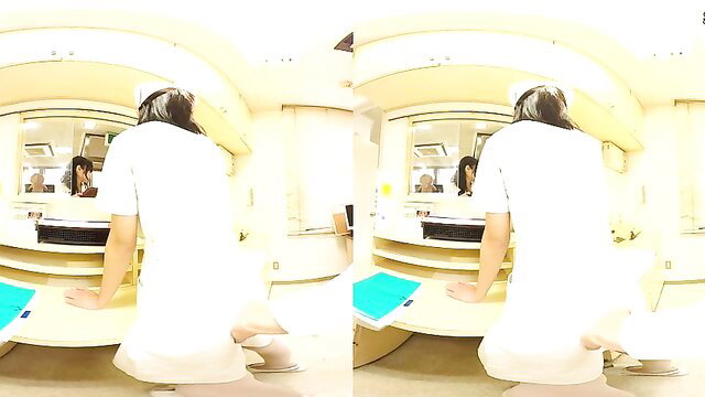 Curvy Asian mommy nurse in white dress at vanity mirror VR POV