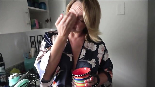 Brianna Beach hot blonde MILF in silk robe holding mug POV