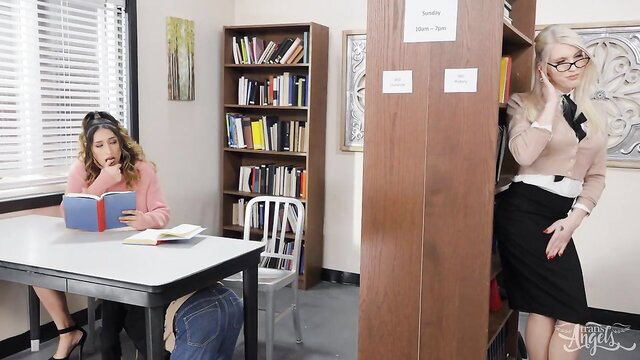 Two hot shemales in library eyeing guy, ready for wild fuck