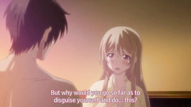 Anime JAV couple in emotional talk, topless guy and kimono girl facing back sunset