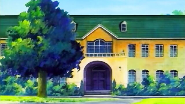 Anime hentai girl at yellow mansion entrance, lush trees, sunny day