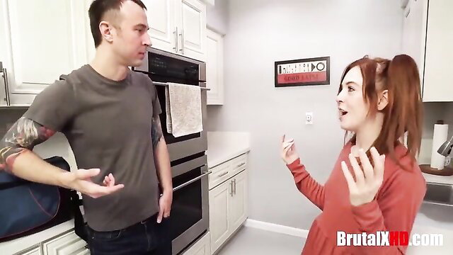 Madi Collins confronts tattooed guy in kitchen, BrutalXHD rough sex preview