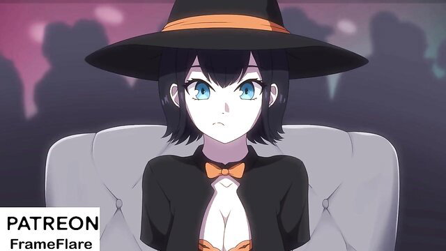 Black-haired anime witch girl in sexy Halloween outfit with deep cleavage