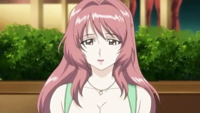 Pink-haired anime hentai girl in green tank top with deep cleavage, Lover in Law Ep.2
