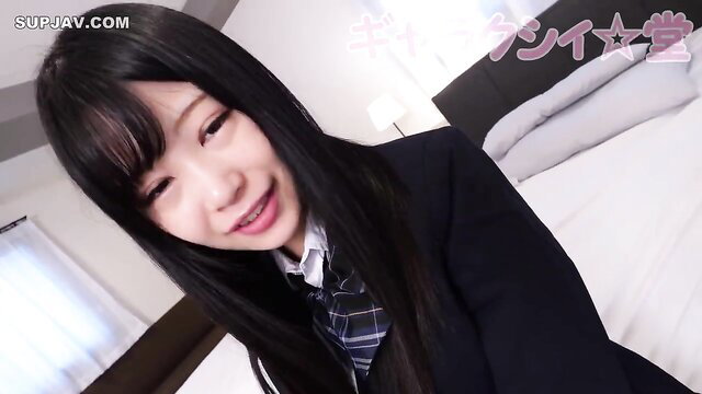 Cute Japanese schoolgirl Himari in uniform smiles at camera POV
