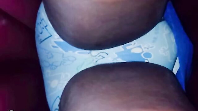 BlueGirl70 close-up crotch view in printed blue panties, thick thighs