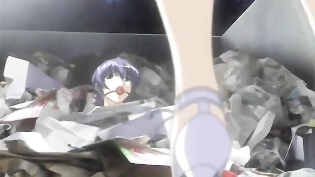 Anime nurse Hentai girl gagged in trash bin, legs up in heels