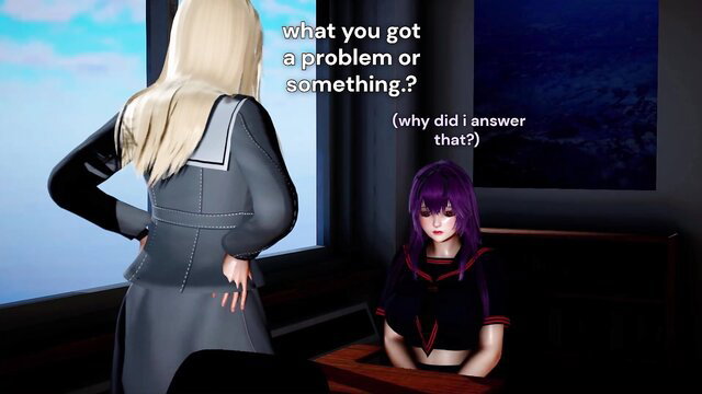 Blonde in grey sailor uniform confronts seated purple-haired girl in black dress