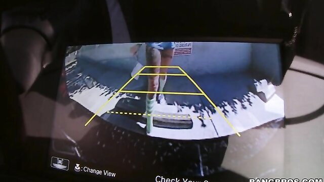 Anna Bell Peaks pink-haired with nipple piercing flashes huge tits in car