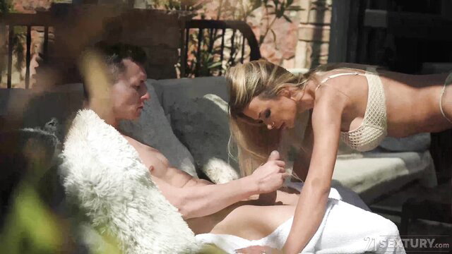 Shalina Devine strokes Charlie Dean's cock outdoors poolside