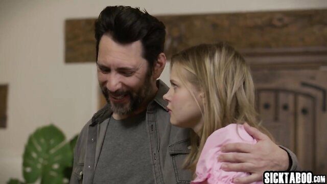 Bearded dad smiling at cute blonde teen girl in pink top, husband wife swap