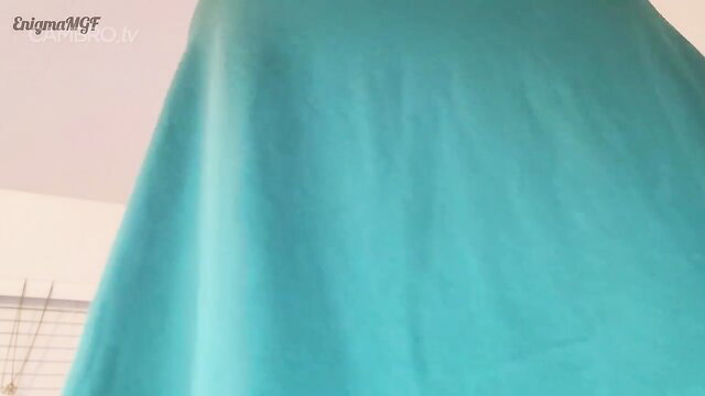 EnigmaMGF in sexy teal dress, teasing upskirt view
