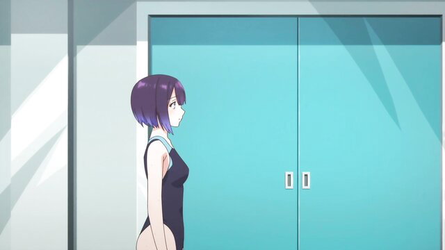 Purple-haired athletic swimmer in tight black swimsuit side profile