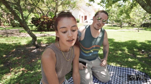 Redhead teen in tank top and guy in park picnic foreplay, Mofos outdoor fuck
