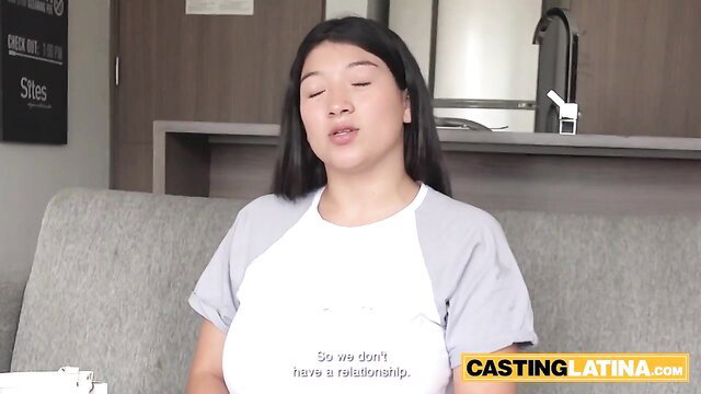 Asian Latina mom with huge tits in casting interview shirt
