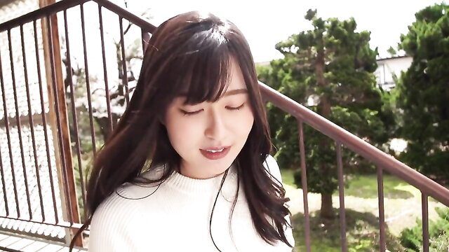 Ichika Miri asian beauty in white sweater on balcony, soft smile