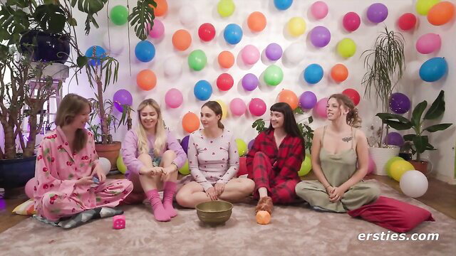 Luna Truelove and hot girls in PJs play truth or dare leading to lesbian orgy
