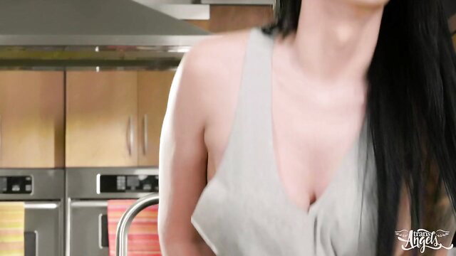 Aspen Brooks teasing in gray tank top, hot kitchen solo
