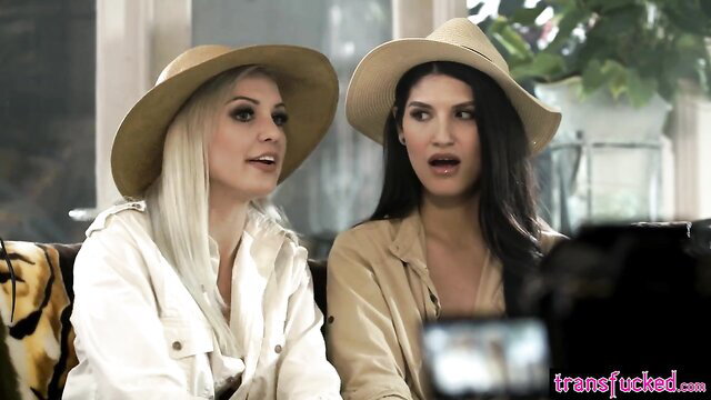 Kenzie Taylor in safari hats with busty brunette shemale cougar