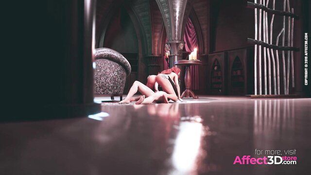 Gothic futa in red lingerie sprawled on floor in dim chamber