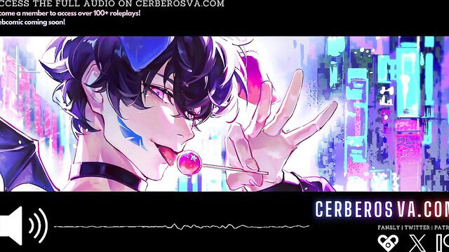 Anime twink subby boy licks lollipop in cyberpunk neon glow, NSFW audio tease