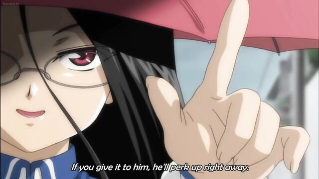 Hatsu Inu Ep.2 anime girl with glasses points finger, black hair under red umbrella