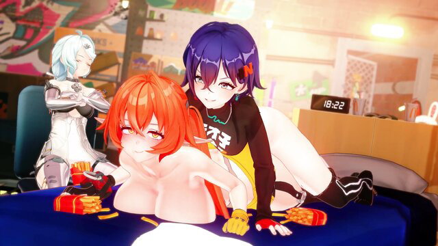 Belle and Orphie threesome with mecha girl, nude big tits food play